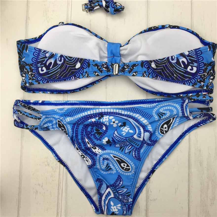 Blue Bandeau Print Bikini