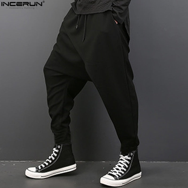 2021 INCERUN Cool Mens Gothic Punk Style Harem Pant Black Casual Wear Loose Pants DrawString Baggy Dancing Crotch Trousers X-3XL