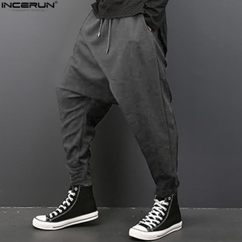 2021 INCERUN Cool Mens Gothic Punk Style Harem Pant Black Casual Wear Loose Pants DrawString Baggy Dancing Crotch Trousers X-3XL